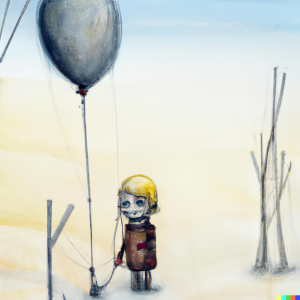 Abstract pencil and watercolor art of a lonely blond robot holding a balloon in a winter field